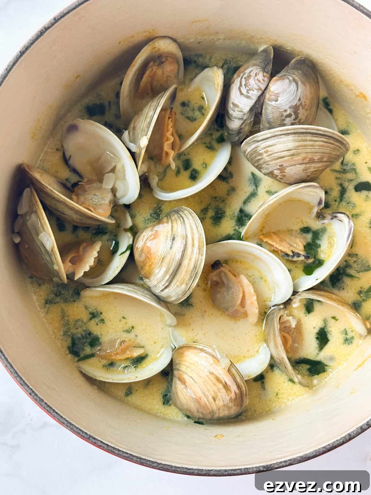 Clams in a dutch oven with a garlic butter cream sauce and herbs.