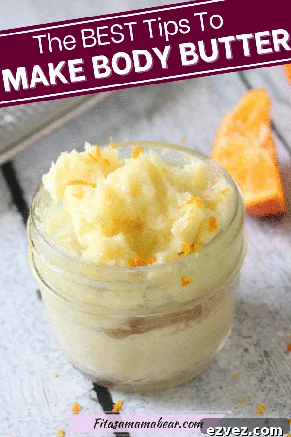 Pin image with text: mason jar with homemade whipped body butter and grated orange on top with sliced oranges behind it