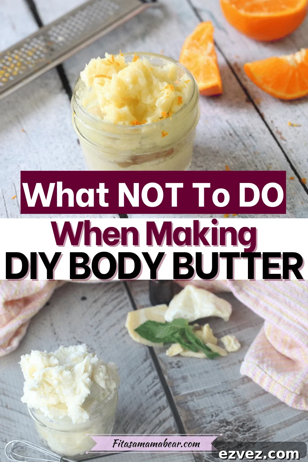 Pin image with text: Two images of homemade body butter in mason jars and ingredients around them
