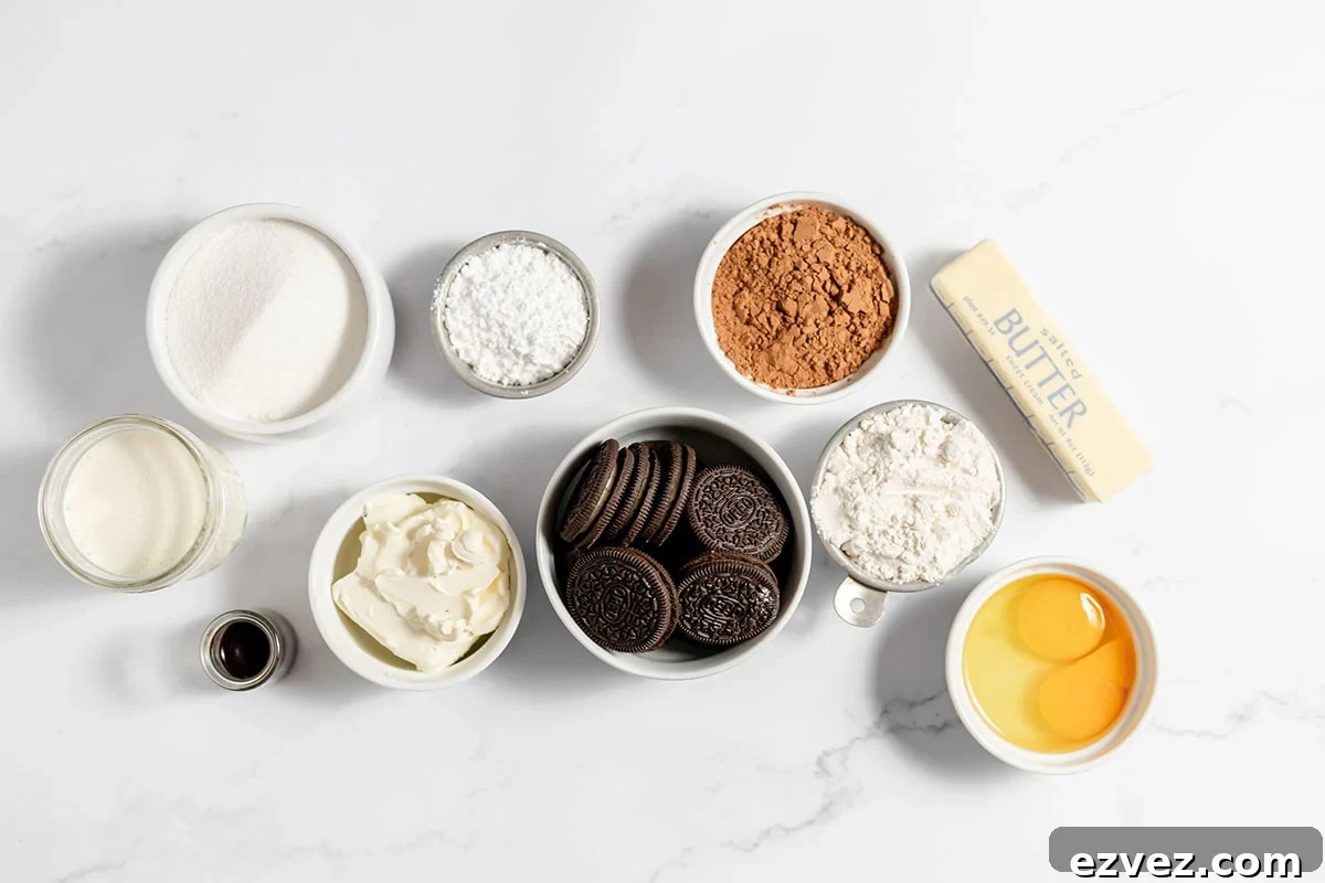 Cookies & Cream Brownies Recipe — Fudgy Oreo-Stuffed Brownies 3 Ingredients to make cookies and cream brownies are set out on the counter.