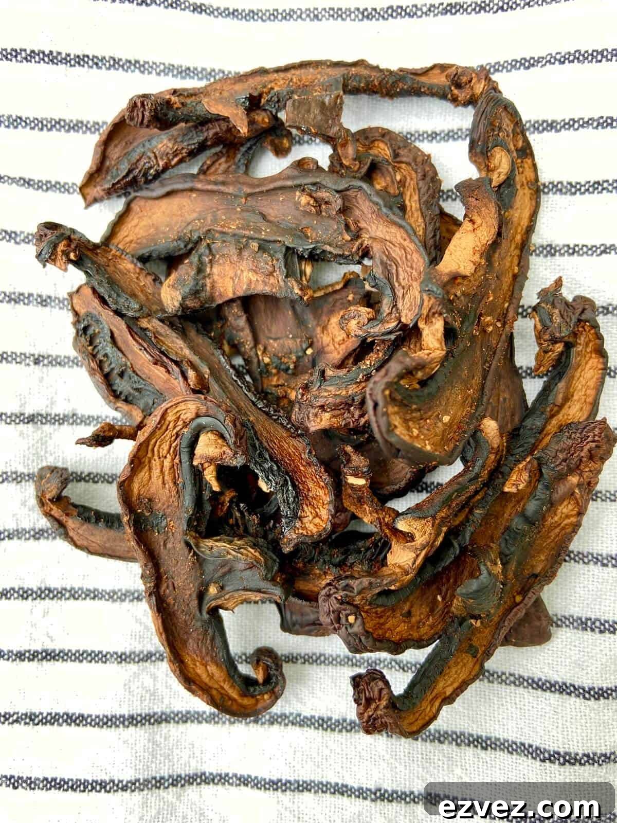 Mushroom jerky on a blue and white striped towel.