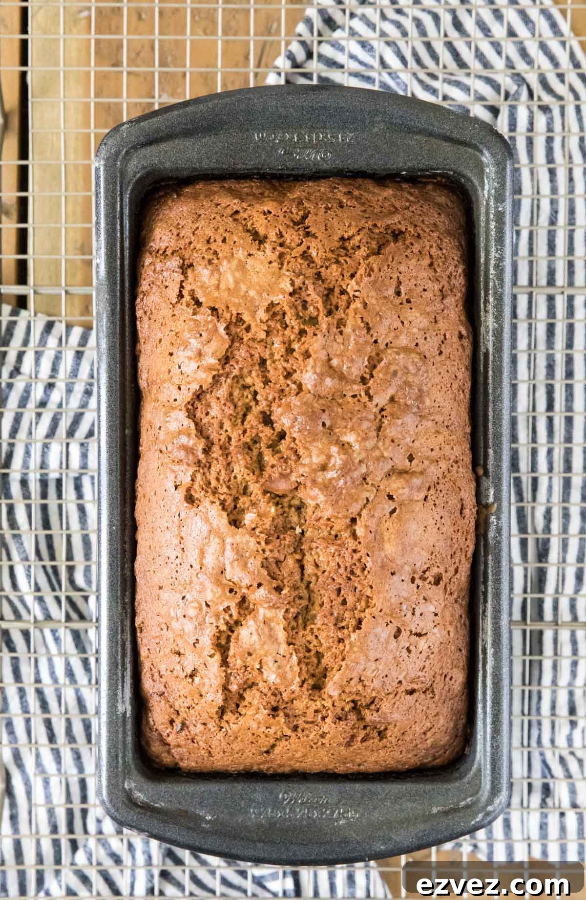 overhead of loaf of zucchini bread in pan