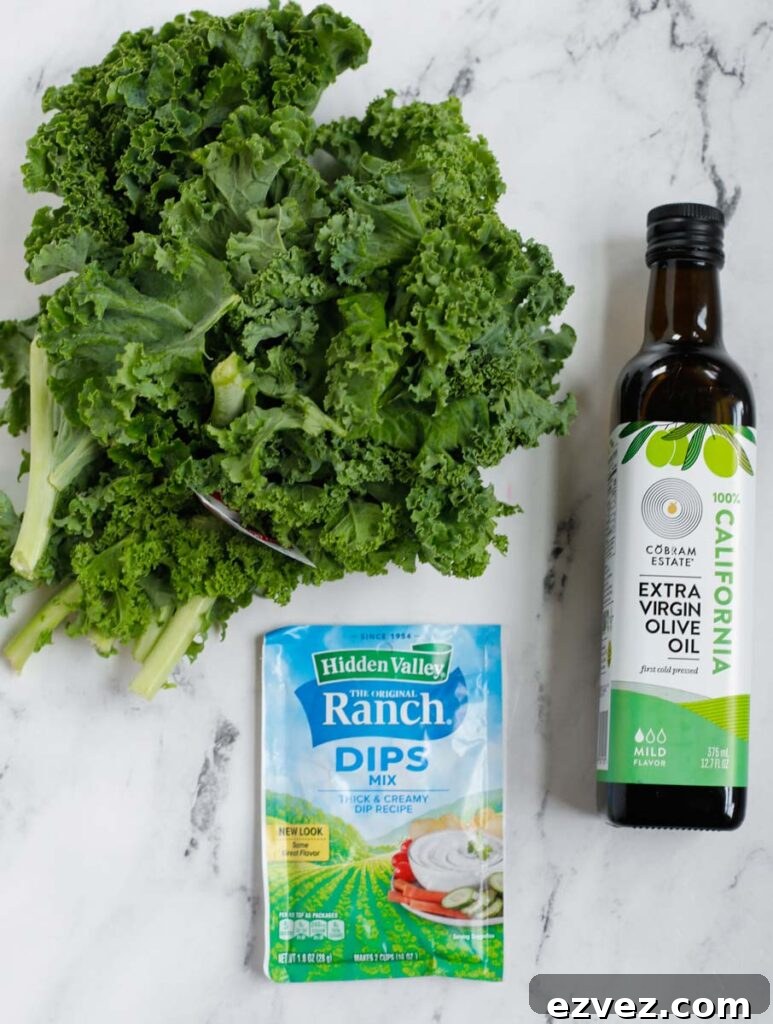 Crispy Kale Chips from the Air Fryer: Quick Crunch Snack 3 Ingredients needed to make kale chips.