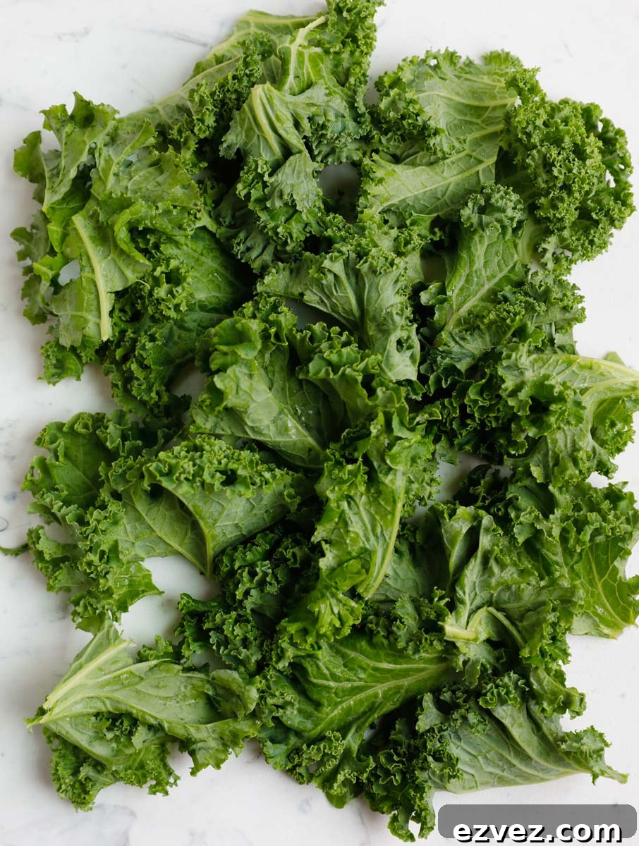 Crispy Kale Chips from the Air Fryer: Quick Crunch Snack 5 Kale leaves ripped into smaller leaves.