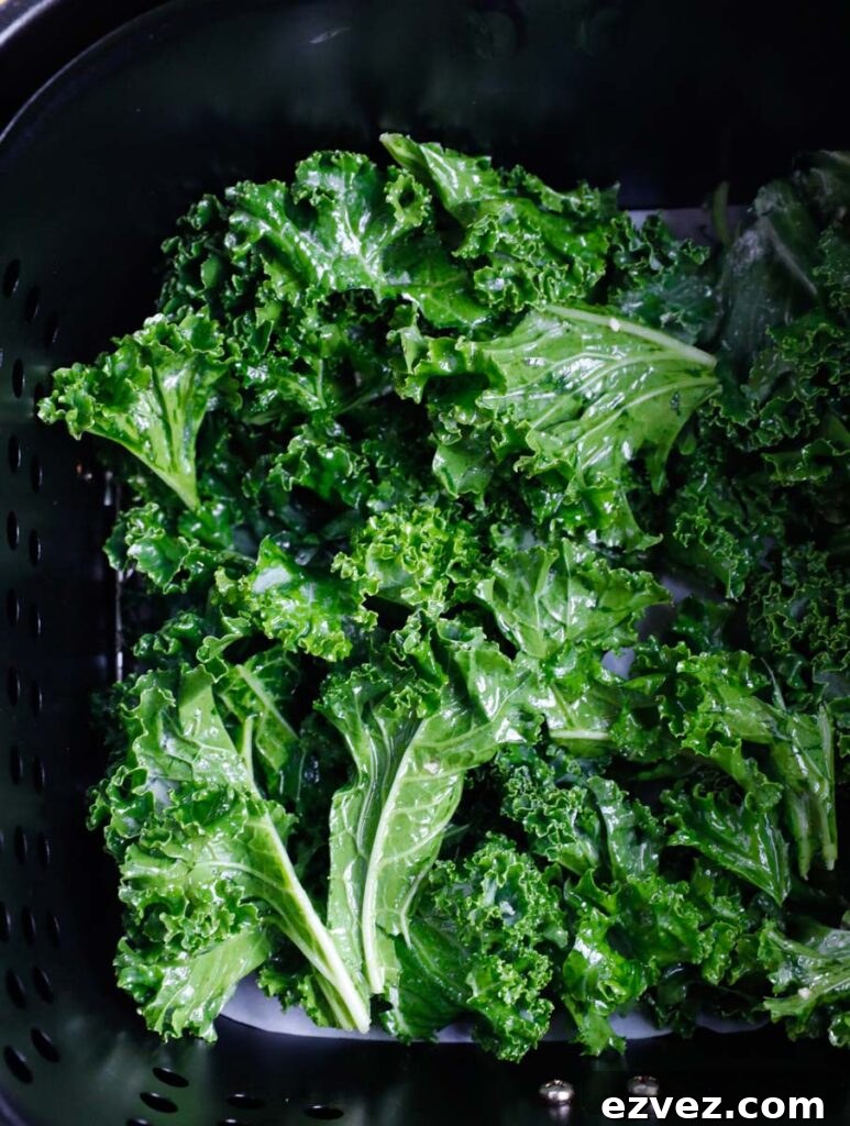 Crispy Kale Chips from the Air Fryer: Quick Crunch Snack 7 Kale leaves in an air fryer.