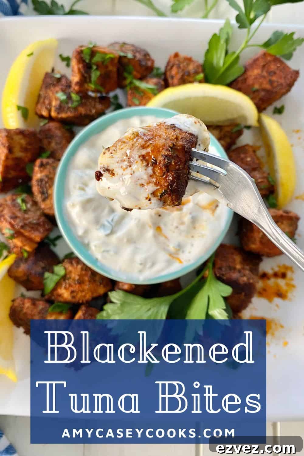 blackened tuna on a fork