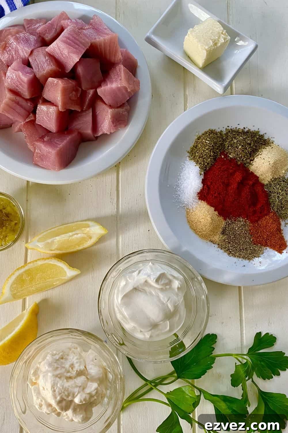 fresh tuna, lemon, spices, butter, mayo, and sour cream