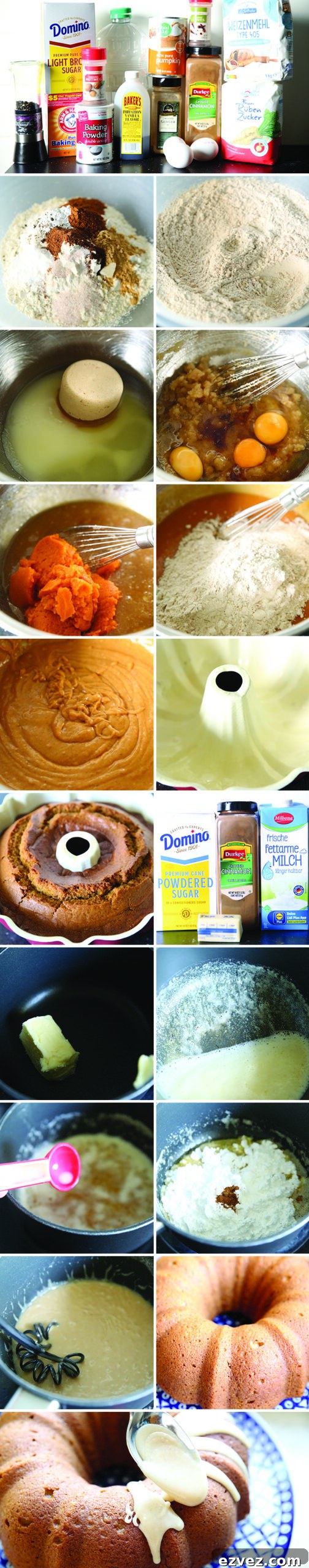 18-photo picture collage of step-by-step photos on how to make Pumpkin Spice Bundt Cake with Brown Butter Icing.
