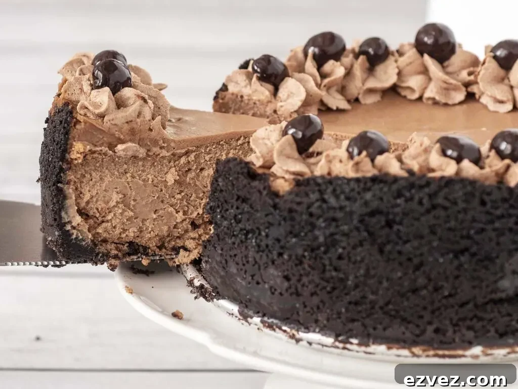 Mocha Cheesecake (6-Inch) — Rich Coffee Chocolate Dessert 2 A slice being pulled away from the rest of the cheesecake.