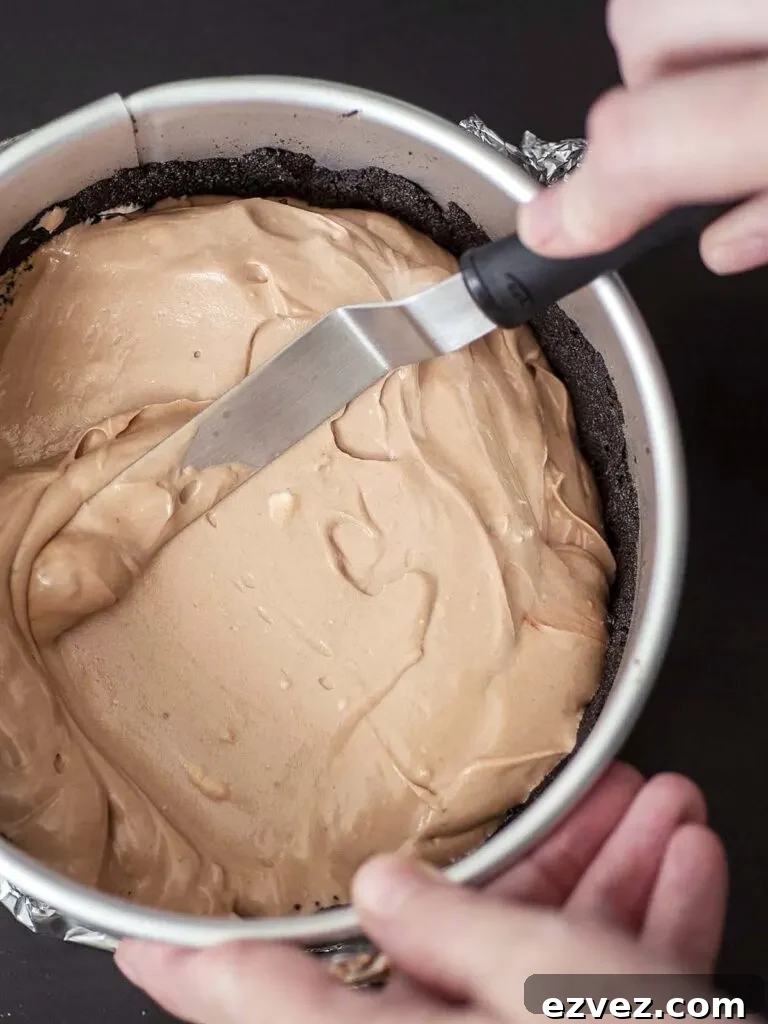 Mocha Cheesecake (6-Inch) — Rich Coffee Chocolate Dessert 3 Cheesecake batter being spread into a springform pan.