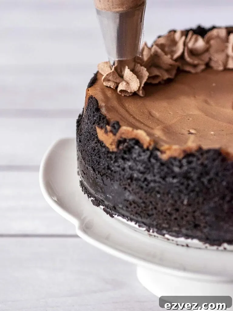 Mocha Cheesecake (6-Inch) — Rich Coffee Chocolate Dessert 4 Chocolate whipped cream being piped onto the cheesecake.