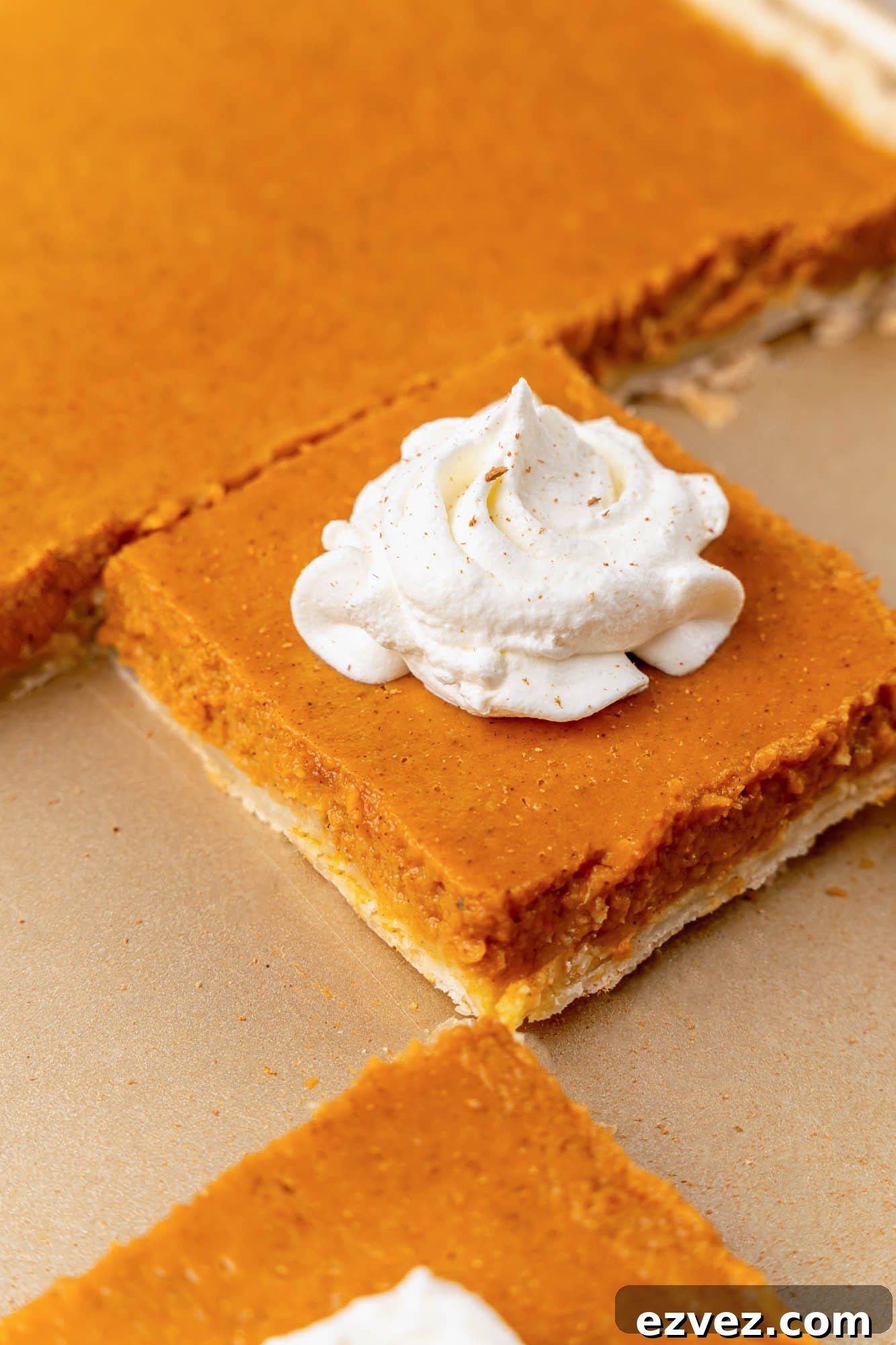 Giant Pumpkin Slab Pie Recipe for Fall Gatherings 6 A slice of the pie on a sheet pan with whipped cream on top and a sprinkle of ground cinnamon
