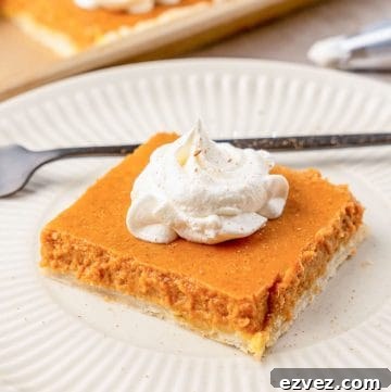 Giant Pumpkin Slab Pie Recipe for Fall Gatherings 7 A slice of pumpkin slab pie on a white plate, with whipped cream on top