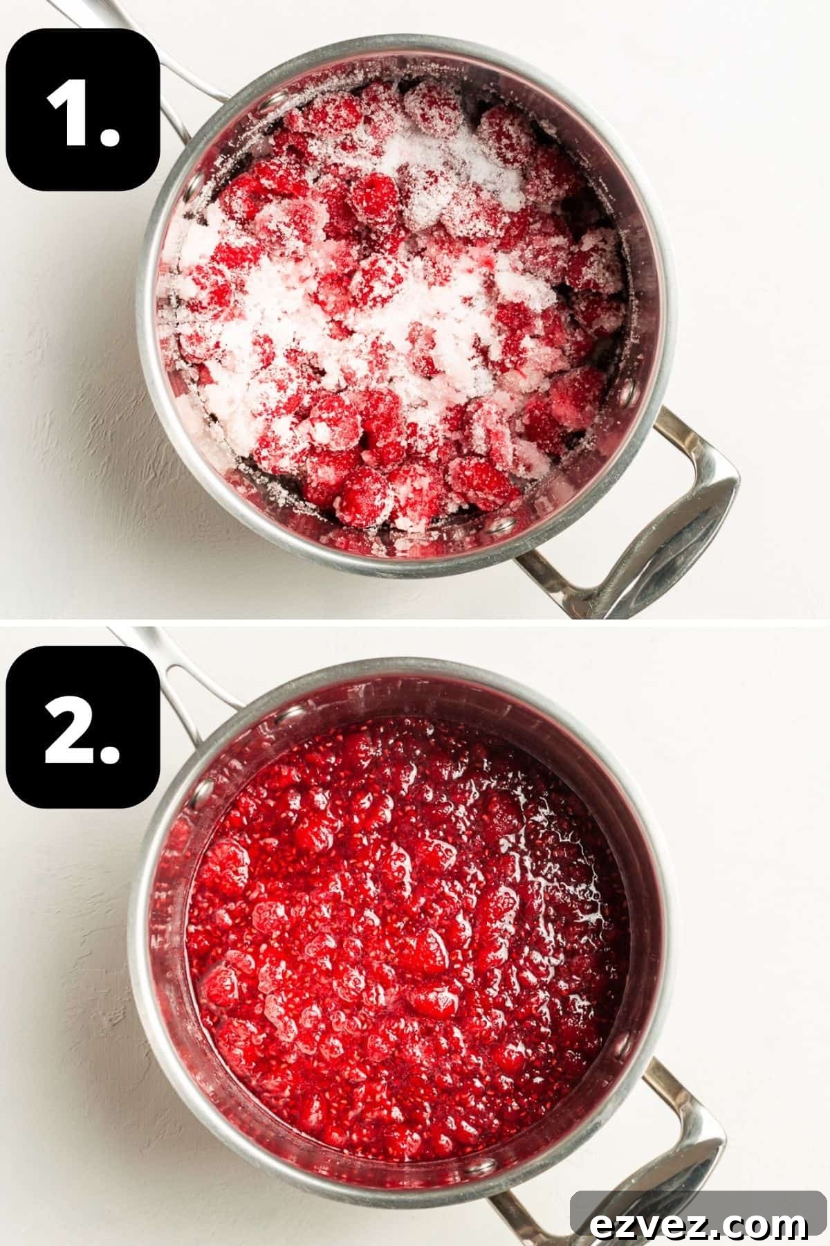 Steps 1-2 of preparing this recipe - the ingredients in the saucepan and the fruit once the sugar has dissolved.