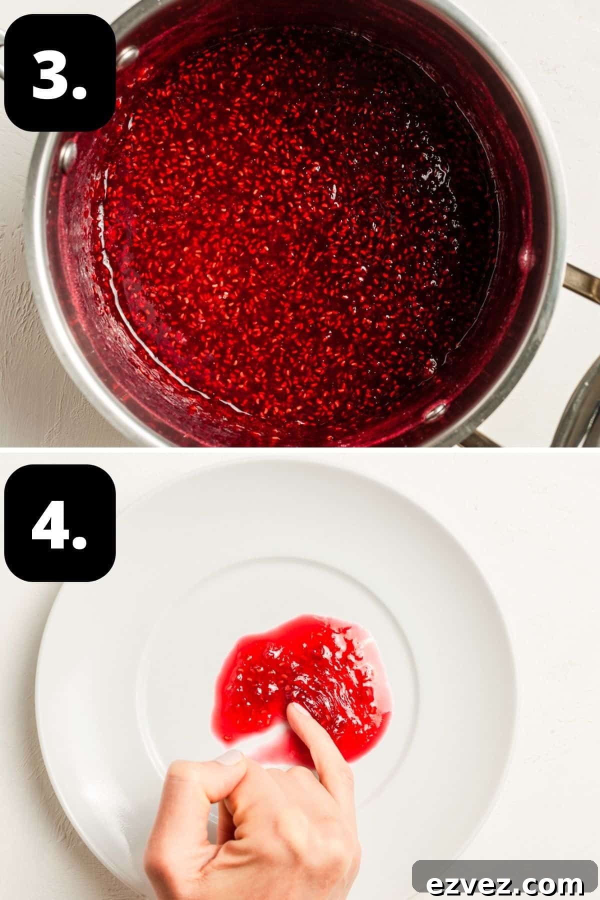 Steps 3-4 of preparing this recipe - the cooked jam and doing the wrinkle test to ensure it has reached setting point.
