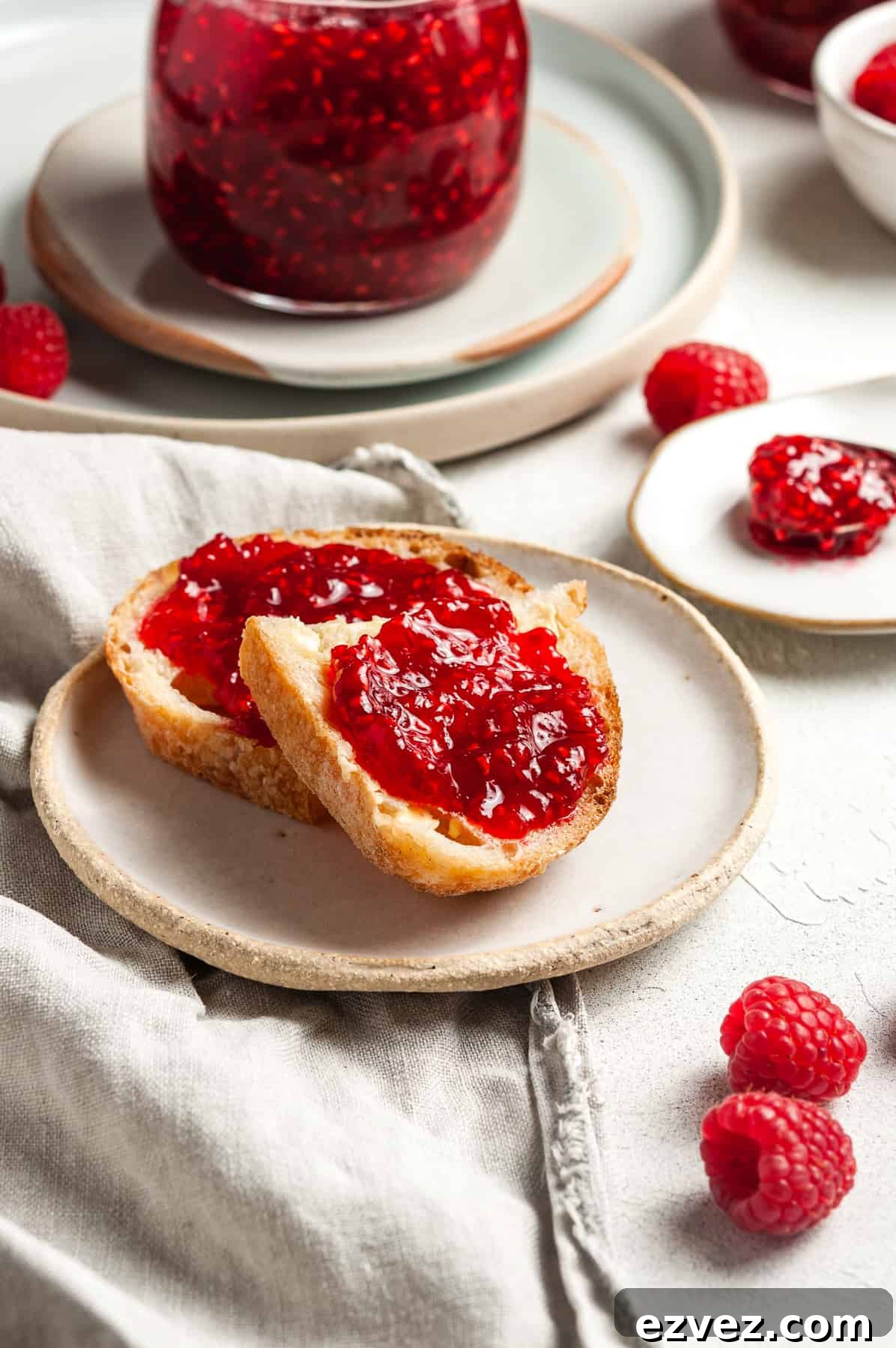 A couple of pieces of toast with some jam, sitting on a small plate.
