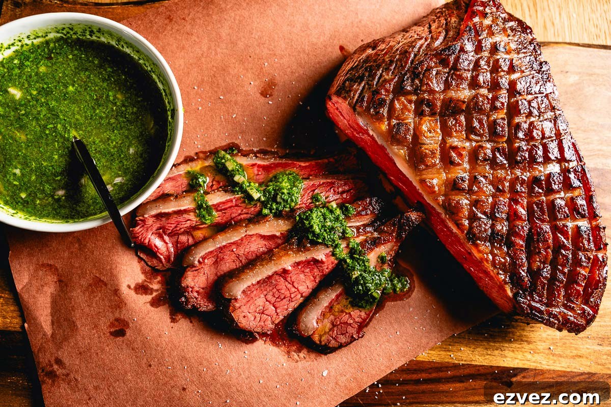 Smoked Picanha Recipe: Tender, Juicy Brazilian-Style Roast 4 picanha steak with chimichurri overhead horizontal