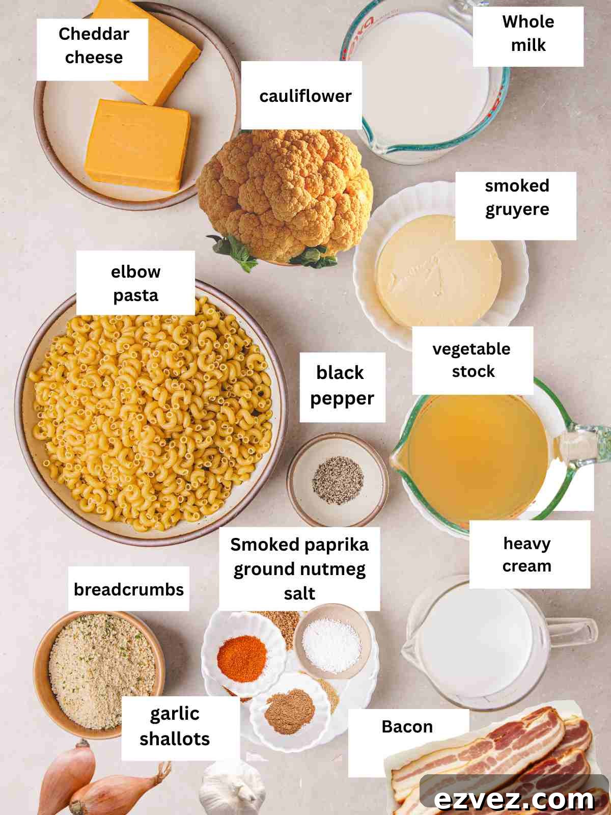 Creamy Cauliflower Mac and Cheese 3 ingredients for the cauliflower mac and cheese.