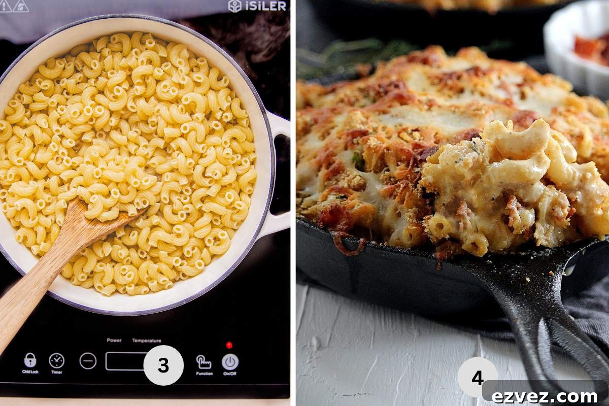 Creamy Cauliflower Mac and Cheese 5 Boiling the pasta and combining with the sauce before baking.
