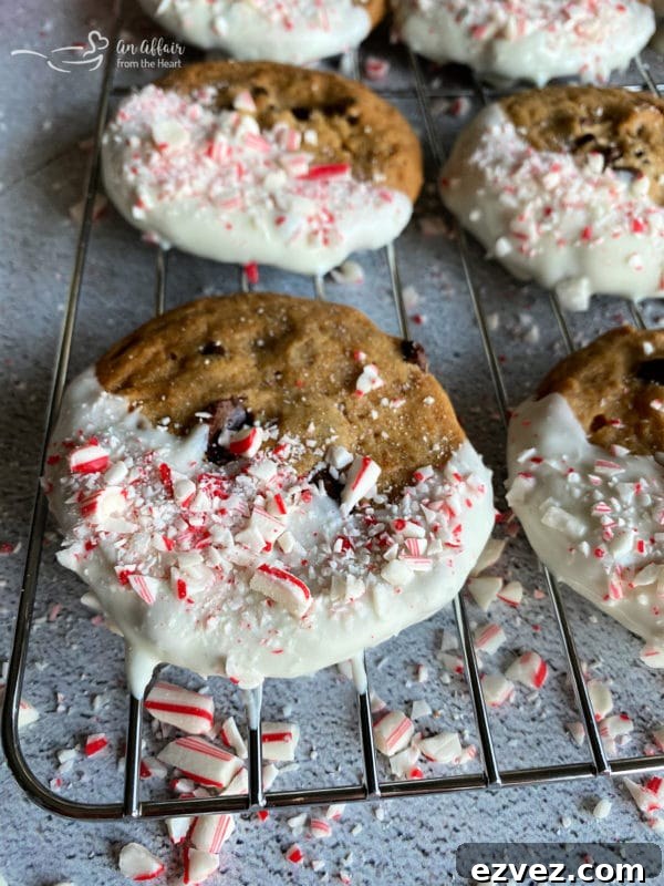 Peppermint Dipped Chocolate Chip Cookies on cooling rack
