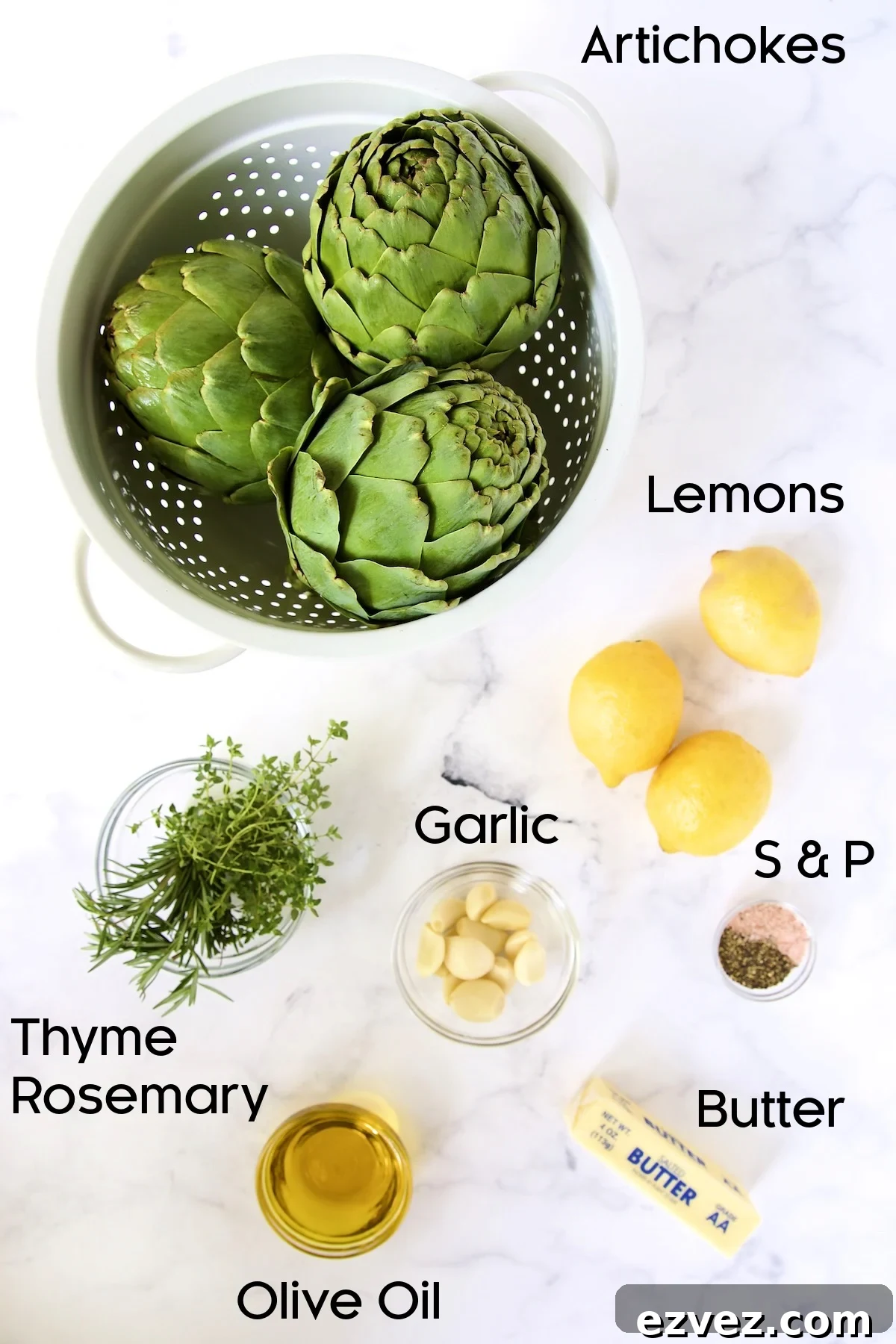 Ingredients for Roasted Artichokes with Garlic Butter.