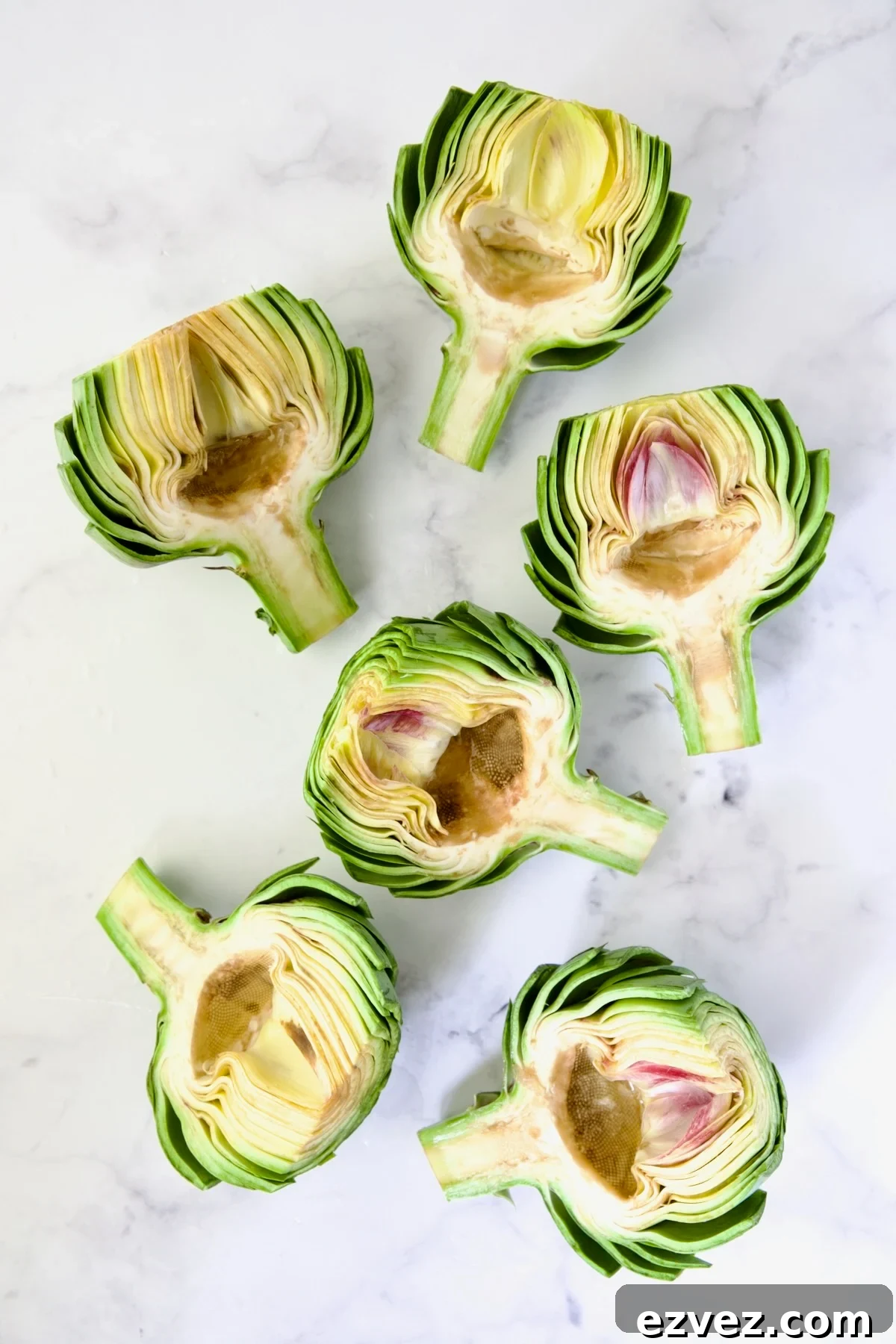 Six artichoke halves with choke removed.