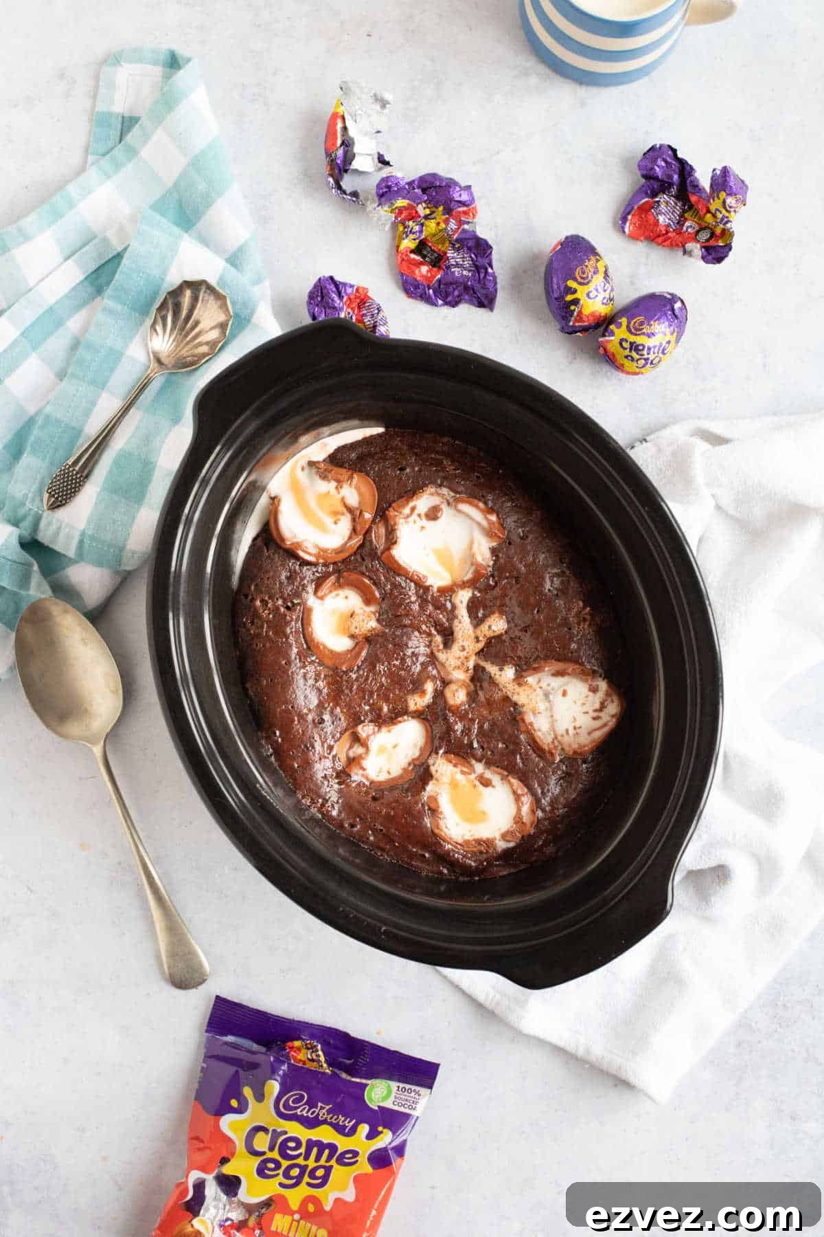 Slow cooker chocolate pudding with Cadbury creme eggs.