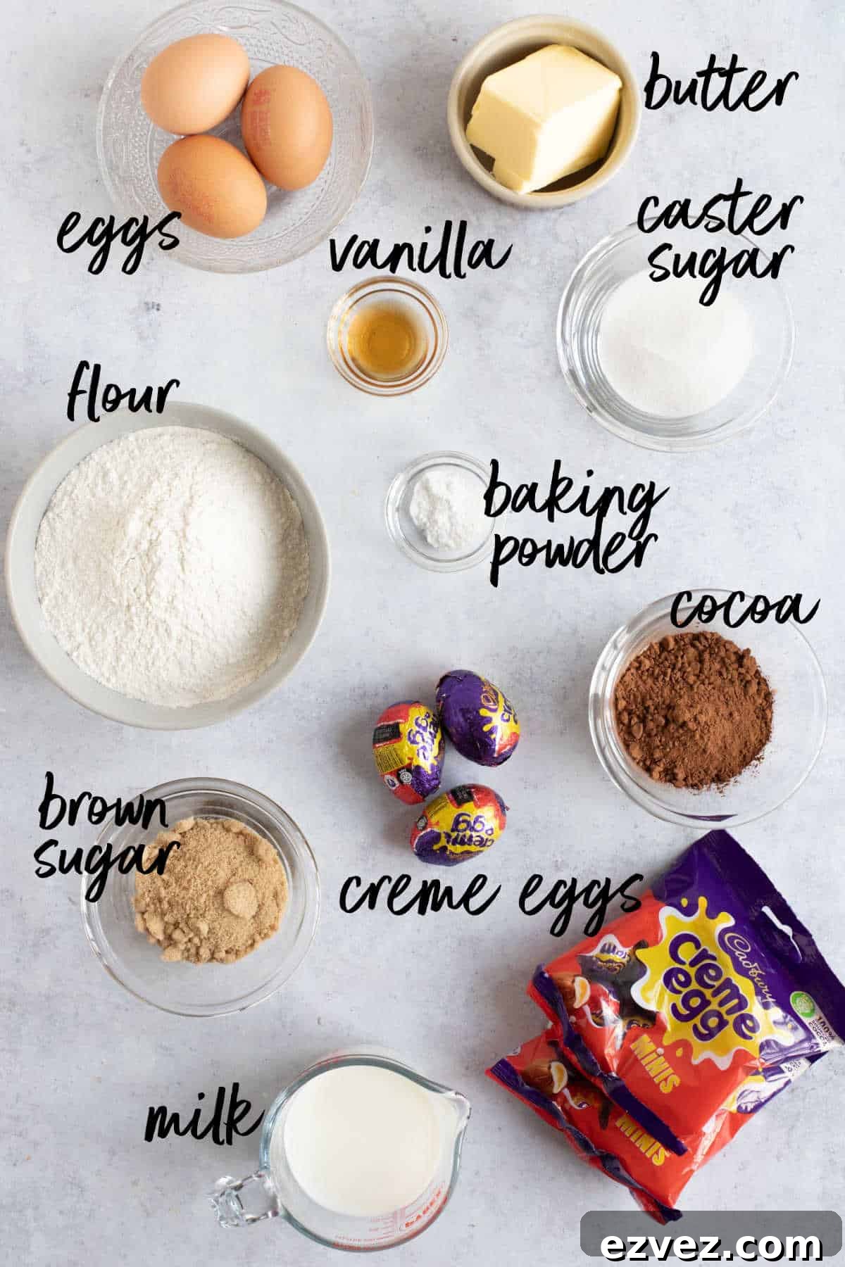 Ingredients for self-saucing slow cooker chocolate creme egg pudding.
