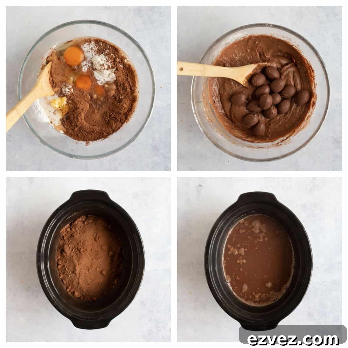 Step by step photo instructions for making slow cooker chocolate pudding.
