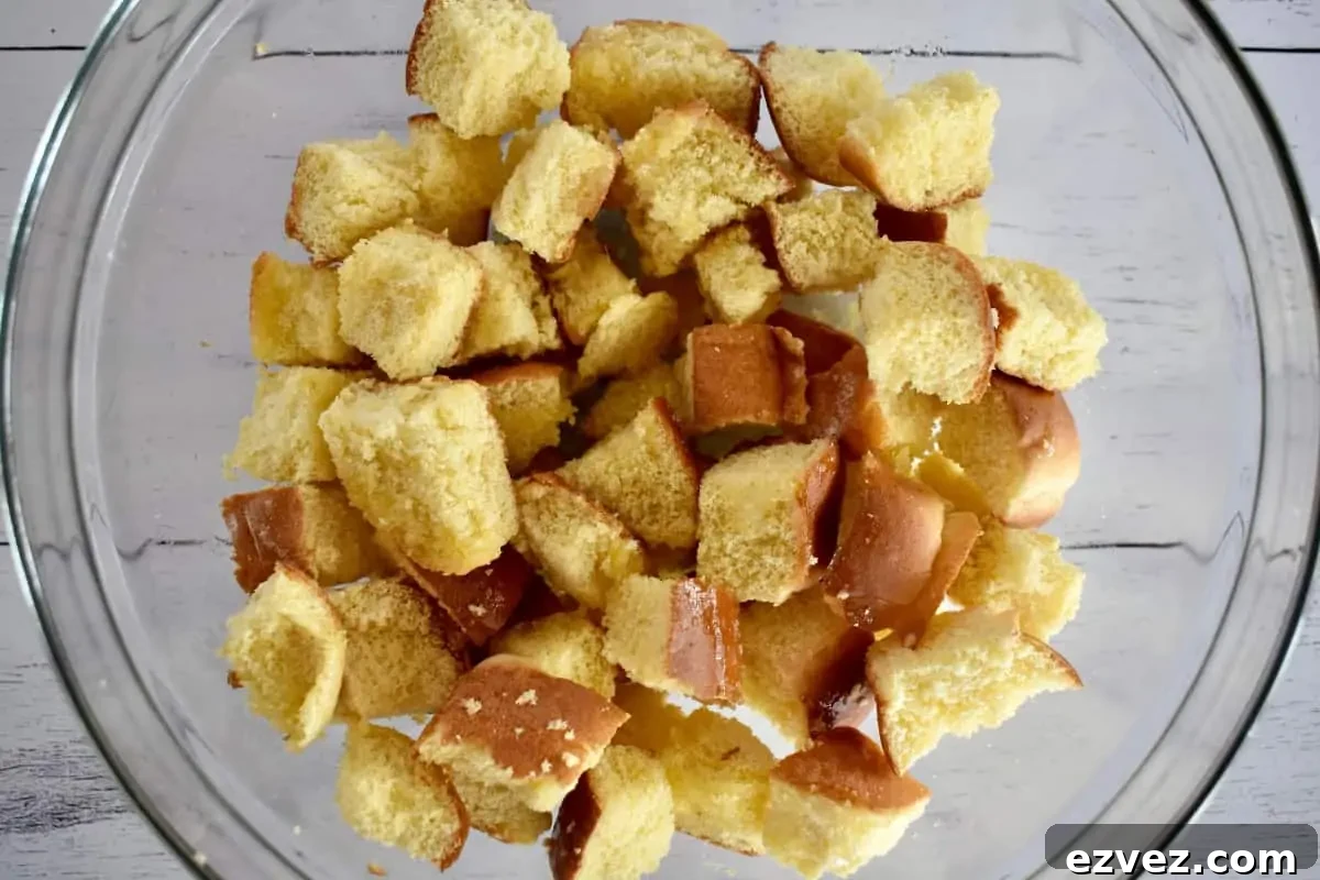 Brioche Croutons in a glass bowl. 