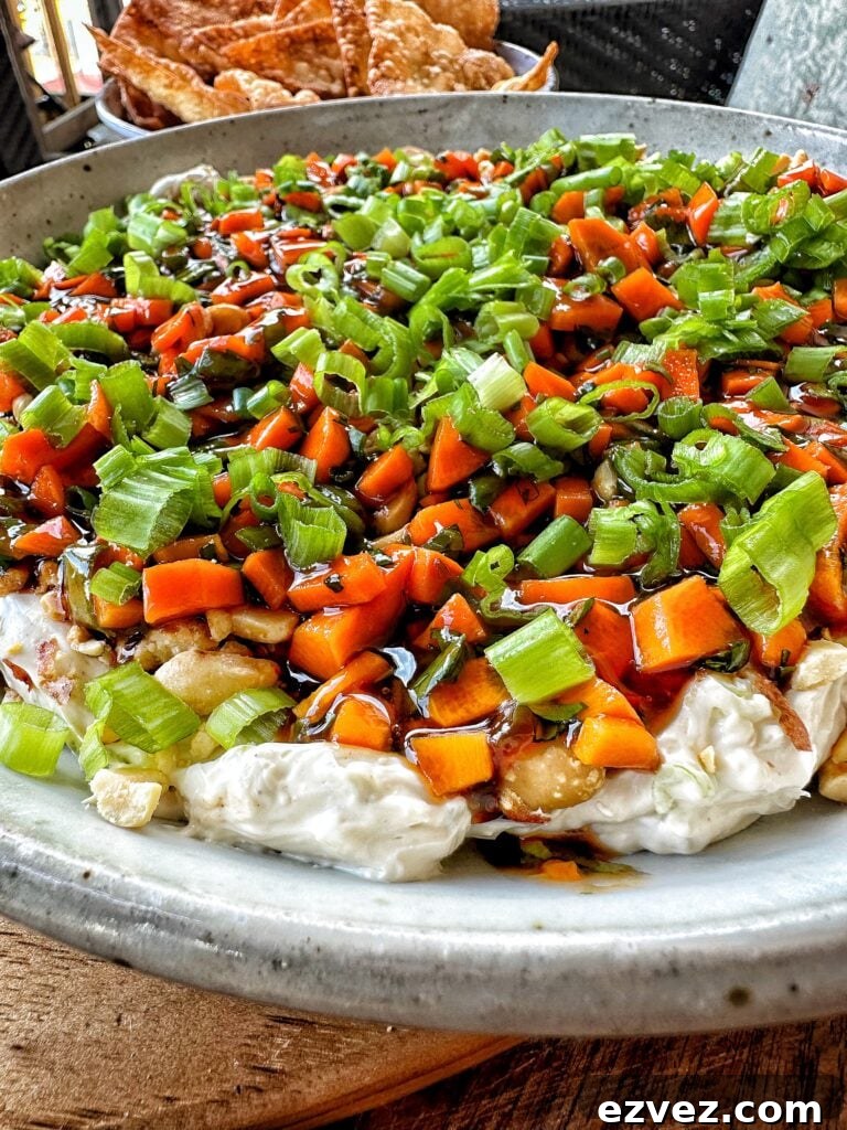 A close up of the finished egg roll dip
