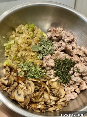 Thanksgiving Stuffing with Sausage and Mushrooms in process