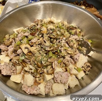 Thanksgiving Stuffing with Sausage and Mushrooms in process