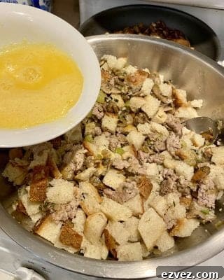 Thanksgiving Stuffing with Sausage and Mushrooms in process