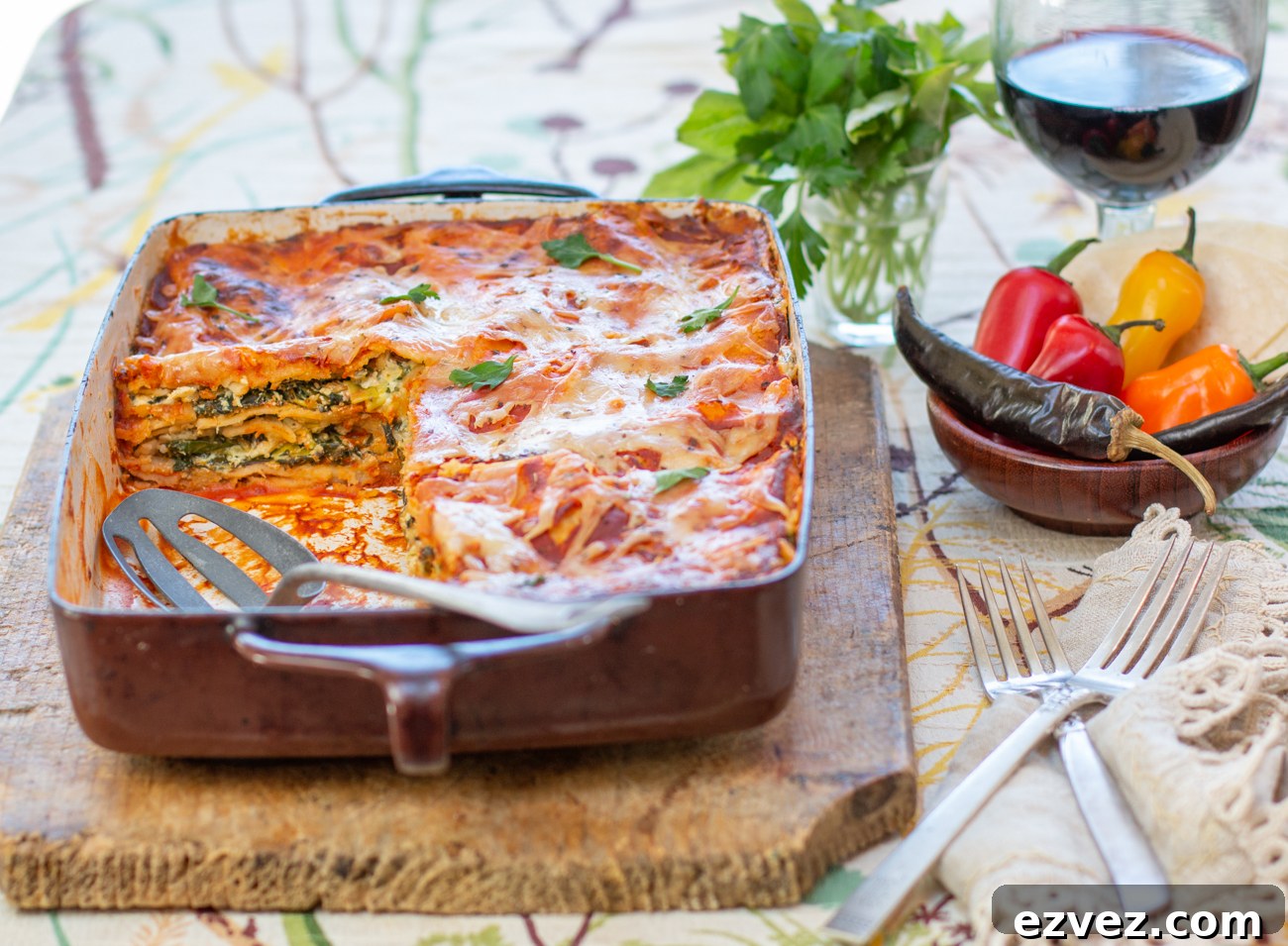 Gluten Free Corn Tortilla Lasagne with Green Veggies and Roasted Red Pepper Chili Sauce