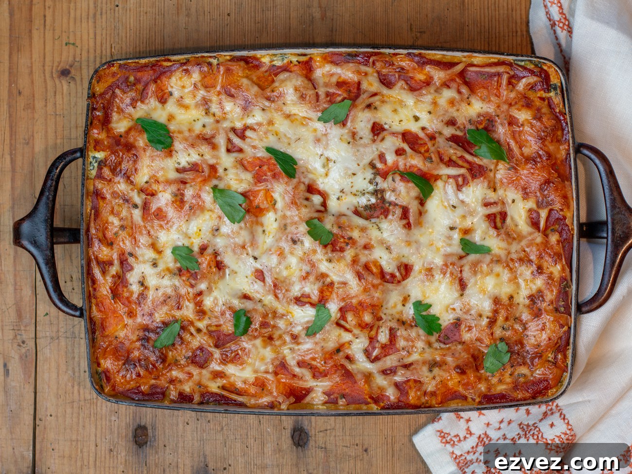 Corn Tortilla Lasagne with Green Veggies out of the oven