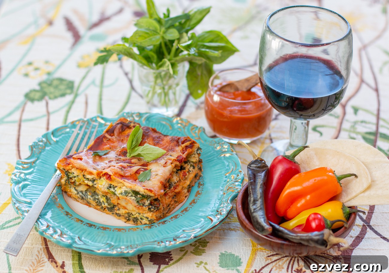 Gluten Free Corn Tortilla Lasagne with Green Veggies and Roasted Red Pepper Chili Sauce