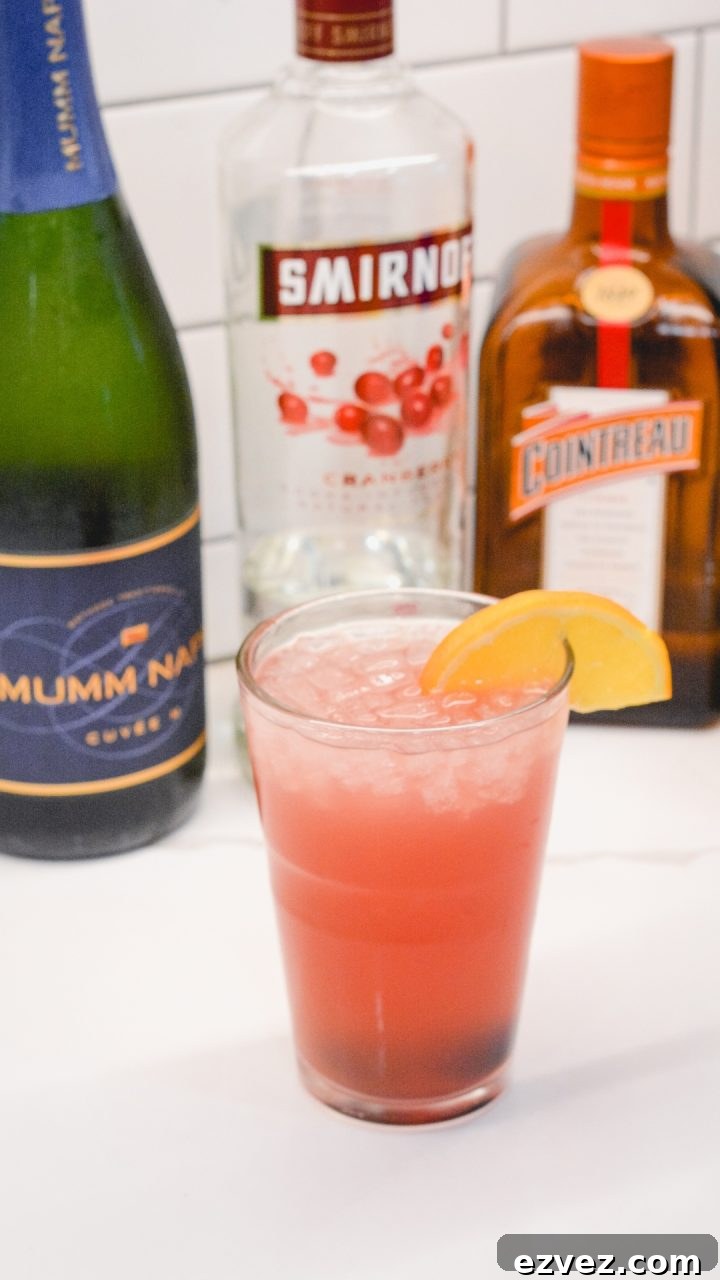 The Cranberry Orange Champagne Cocktail is a fruity cocktail that champagne with vodka, orange liqueur, cranberry juice and orange juice.