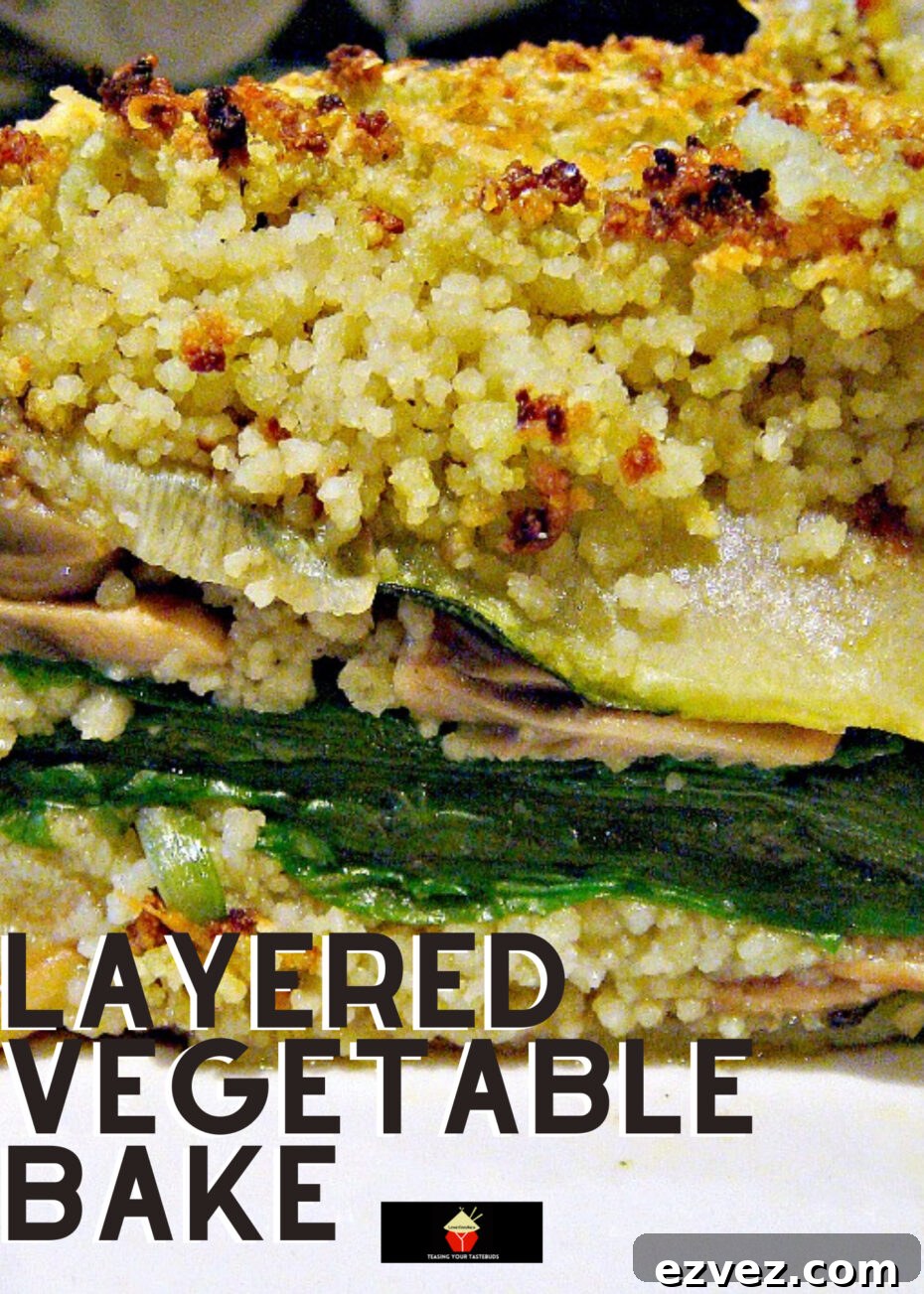 Layered Vegetable Bake, An easy and delicious oven-baked recipe with layers of zucchini, spinach, mushrooms, couscous and sprinkled with cheese.