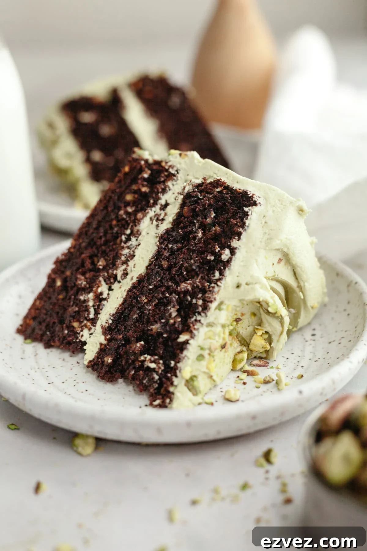 A slice of pistachio chocolate cake on a small plate.