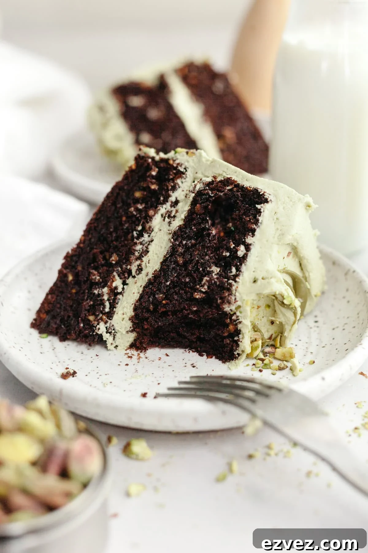 A slice of pistachio chocolate cake on a small plate.