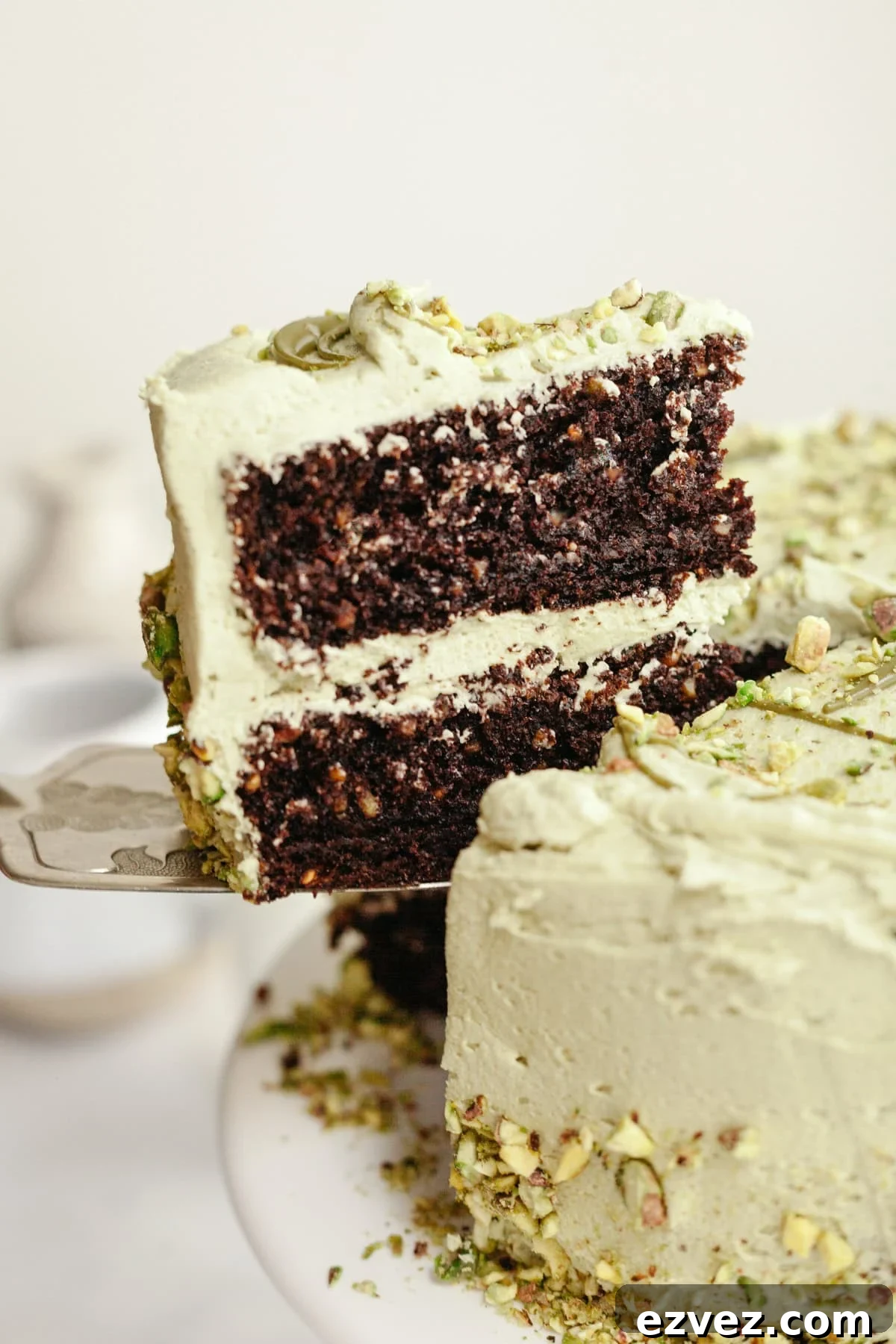 A slice of chocolate pistachio cake being lifted out with a silver cake server.