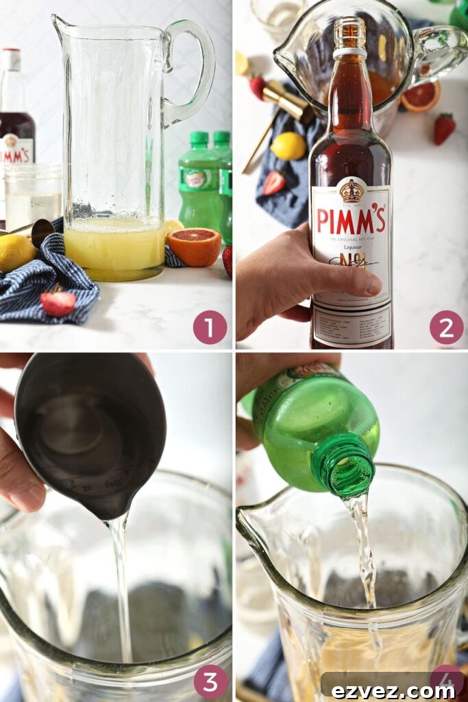 Pimm’s Punch Recipe: Classic Summer Cocktail Guide 4 Collage showing how to mix a Pimms Punch in a pitcher