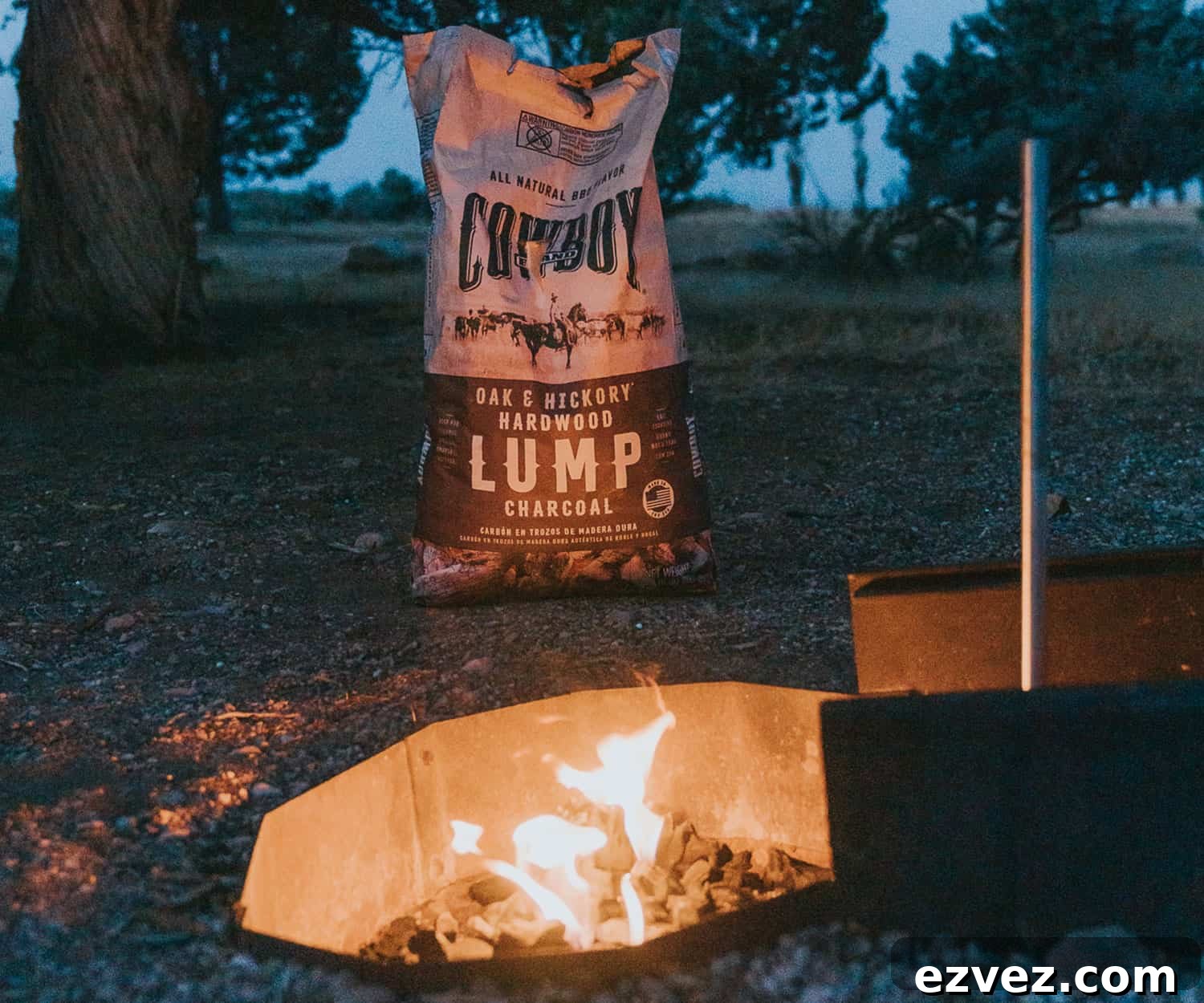 fire pit burning with Cowboy lump charcoal.