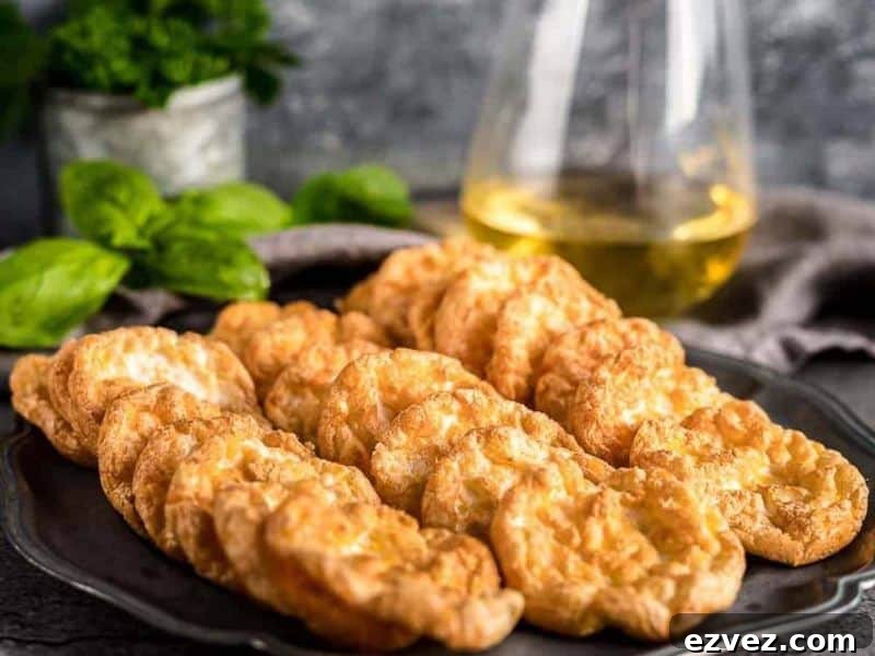 11 Party Appetizers Guests Devour Immediately 11 A dark plate holds a row of golden, airy cloud bread slices. Fresh basil and a glass container with yellow liquid are in the blurred background.