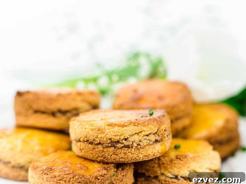 11 Party Appetizers Guests Devour Immediately 9 A close-up of several stacked golden-brown biscuits with a visible filling, set against a blurred white background with a hint of greenery.