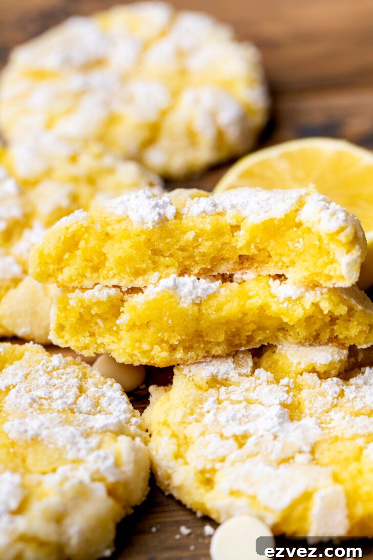 Lemon crinkle cookie split in half.