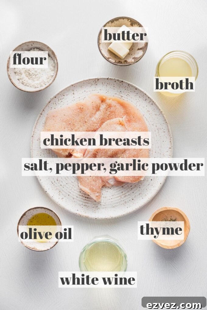 Labeled overhead photo of chicken breasts, flour, broth, white wine, olive oil, butter, and seasonings.