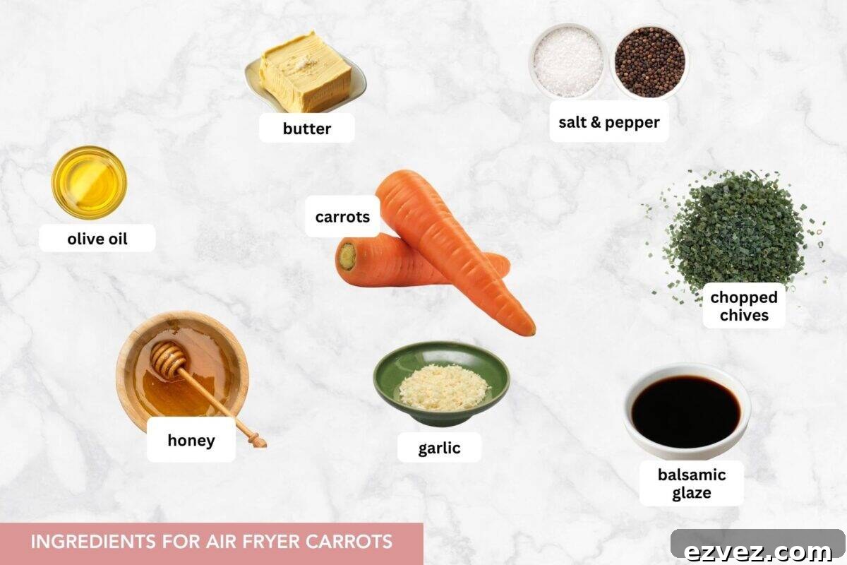 Air-fried carrots ingredients with text labels set over each ingredient.