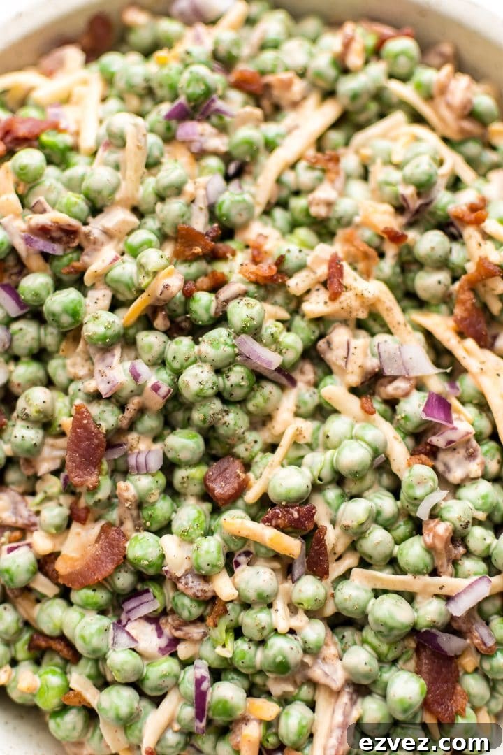 Close-up of creamy bacon pea salad